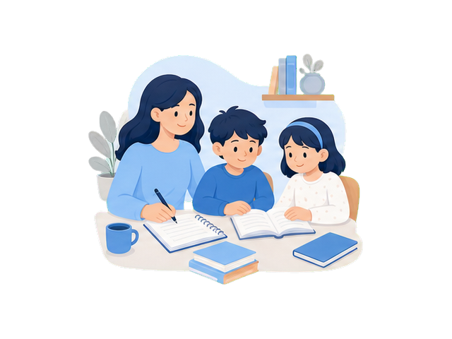 Responsável estudando com duas crianças
